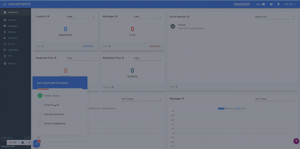 Rocketbots dashboard showing onboarding checklist and interactive walkthrough 