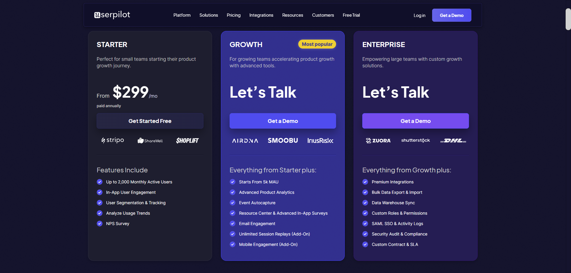 Userpilot pricing for core functionalities.
