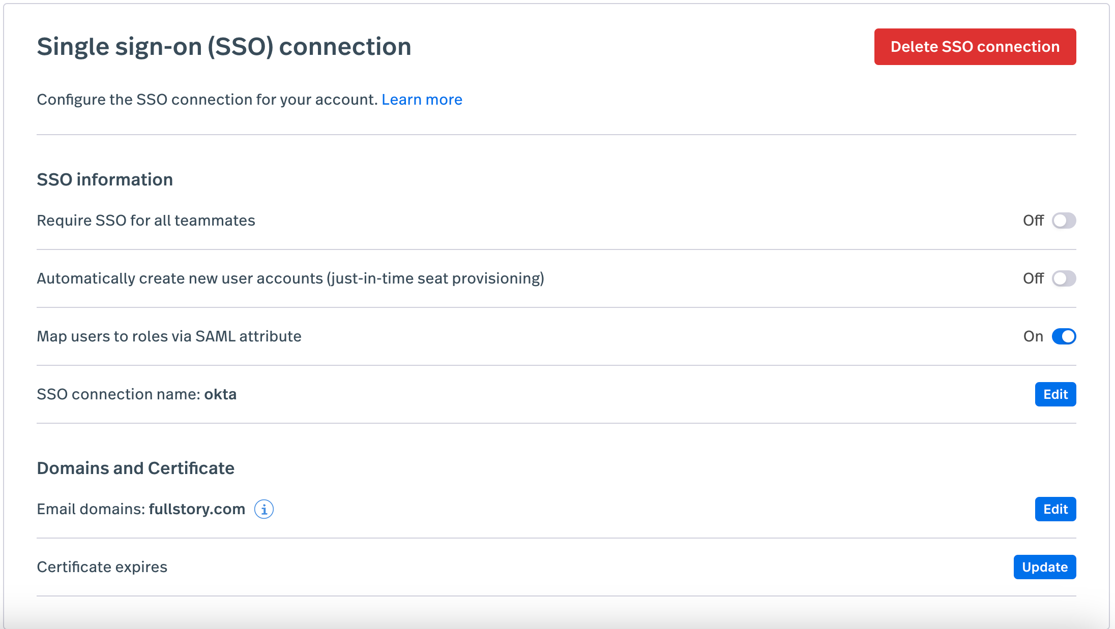 Fullstory inc SSO privacy settings.