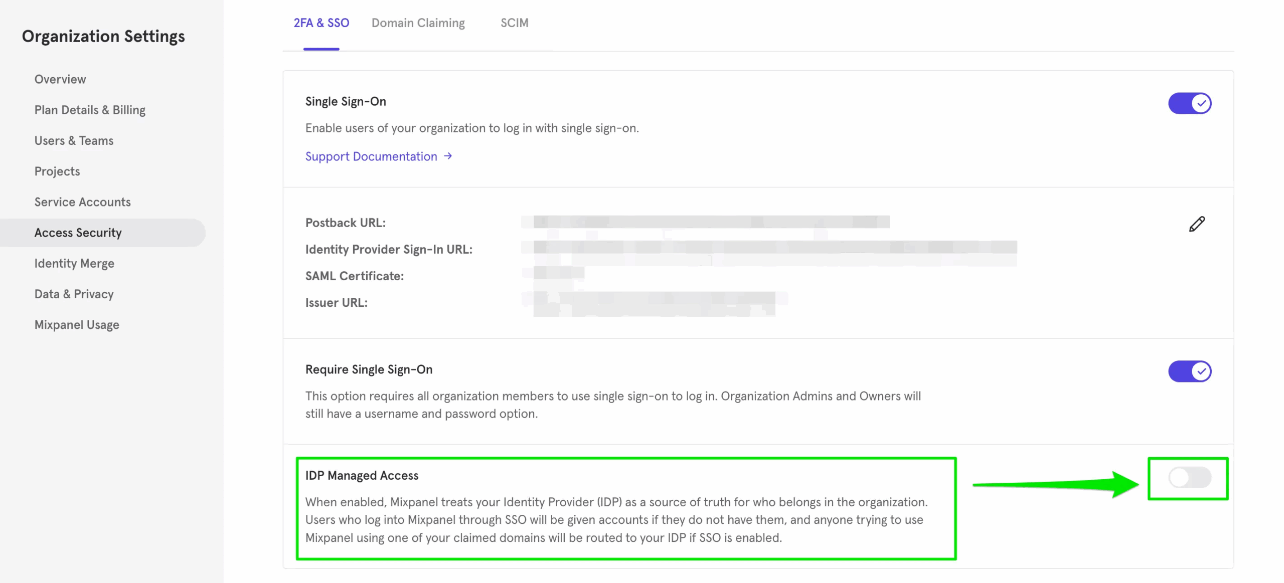 Mixpanel SSO settings.