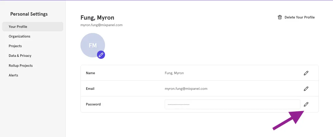 Mixpanel password generation screen.