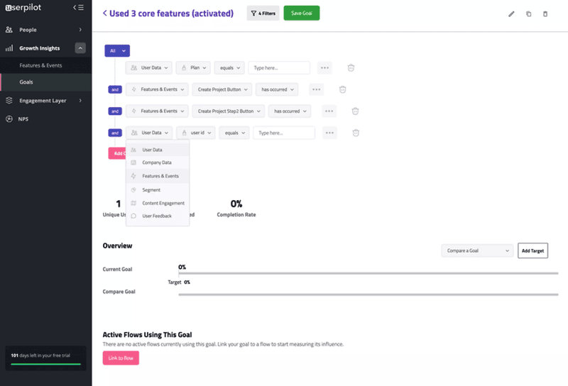 Userpilot activated users tracking dashboard SaaS