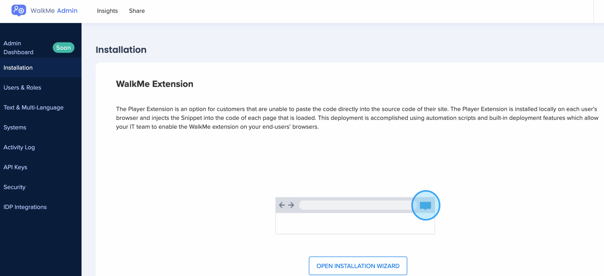 Admin installation page for WalkMe software.
