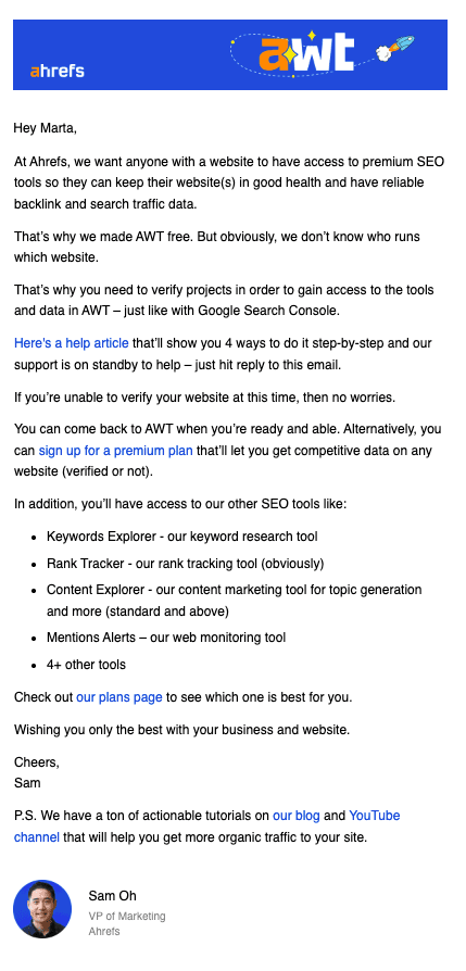 Personalized email message from Ahrefs referencing the new free plans