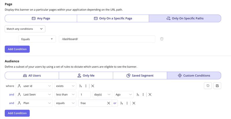Userpilot page targeting settings for announcement banners