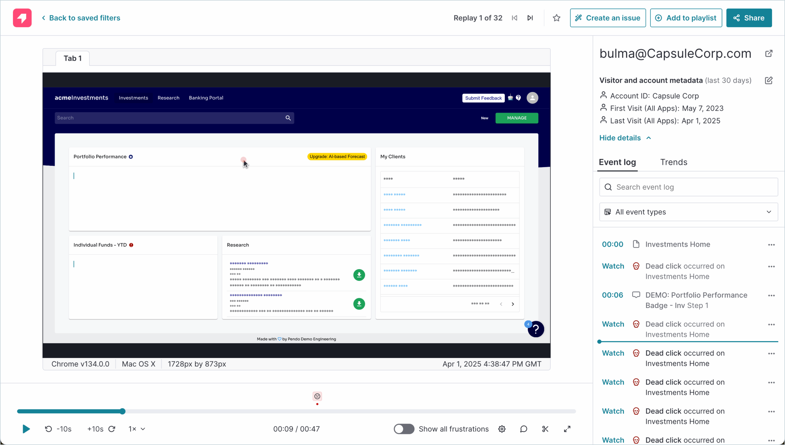 Pendo session replays to find usage patterns.