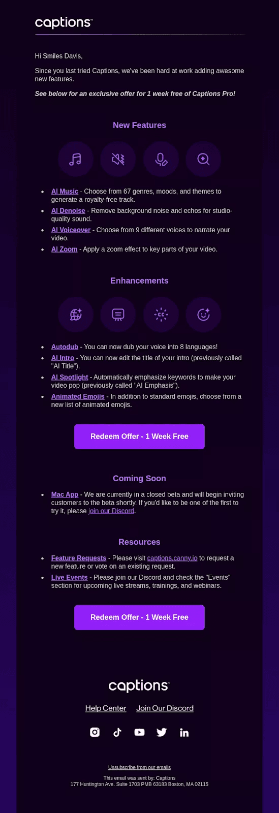 Feature promotion example from Captions