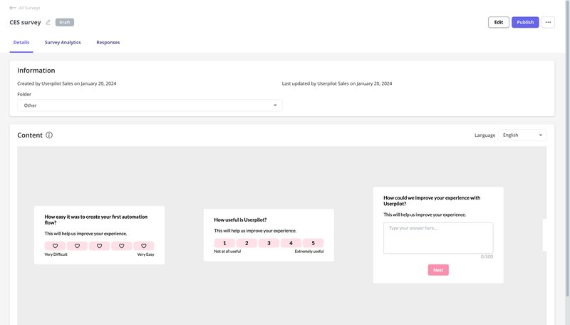 A screenshot of the types of survey templates you can get with Userpilot