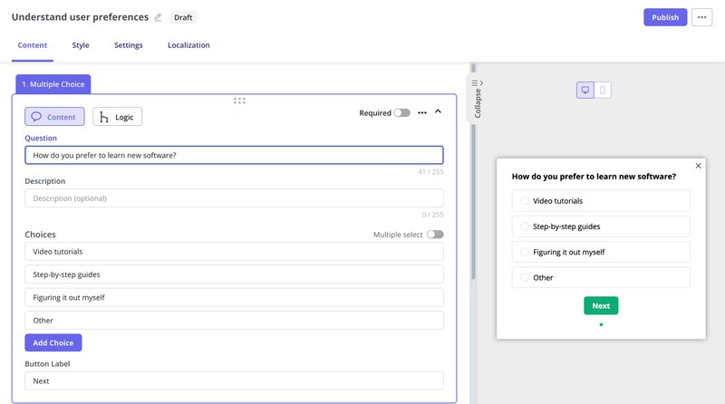 design user survey in Userpilot