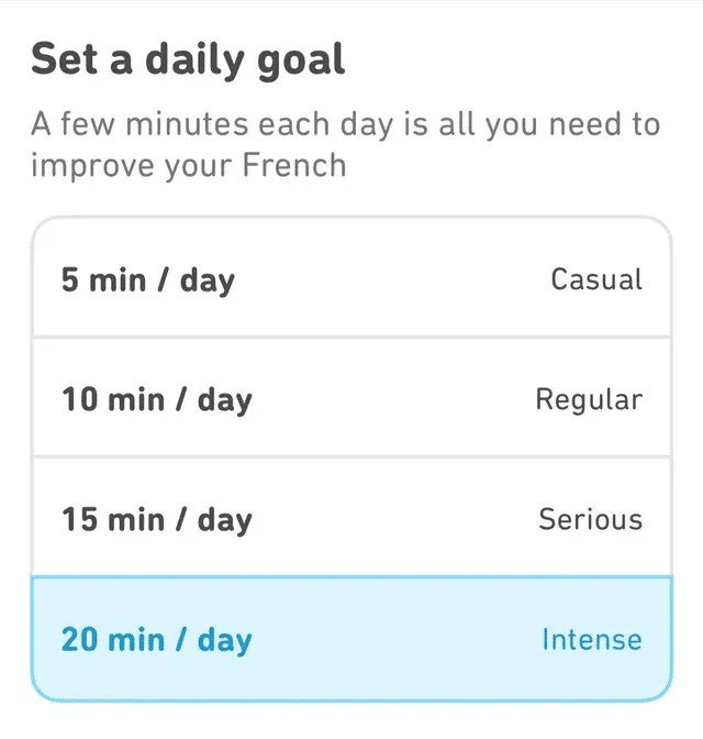 Duolingo’s goal-setting at the beginning of onboarding.