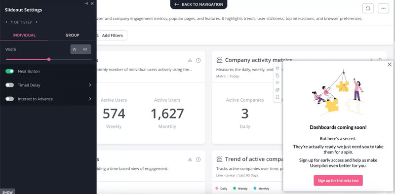 A pop-up to register beta testers, created with Userpilot
