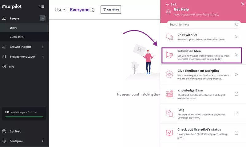 Feature requests template in app userpilot