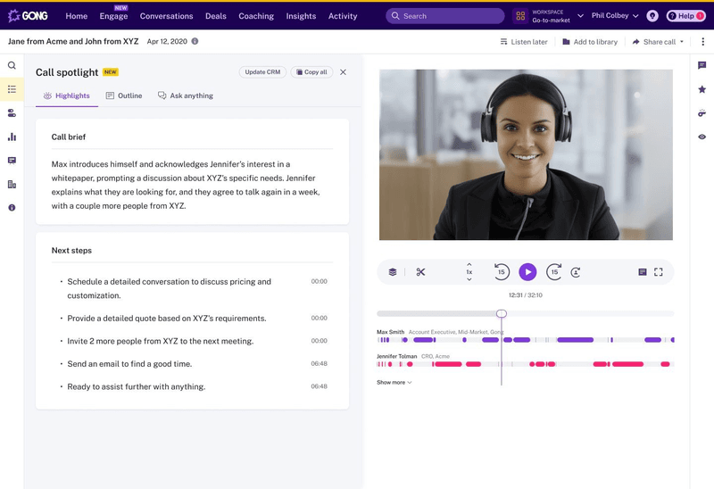 Gong recording meeting intelligence
