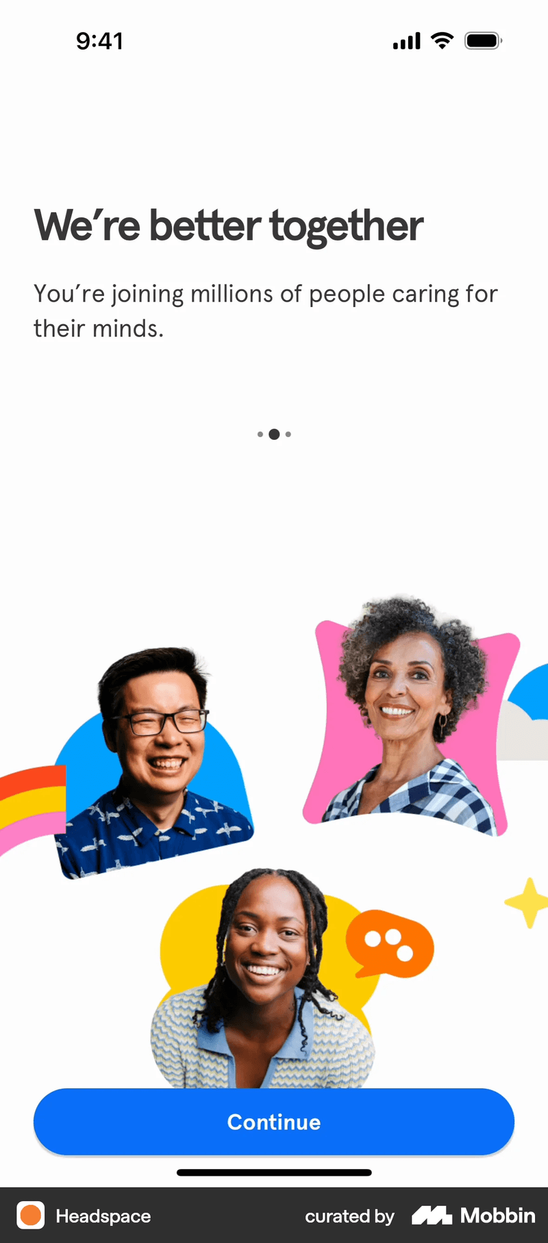 Headspace mobile onboarding carousel showing full-screen slides for user guidance