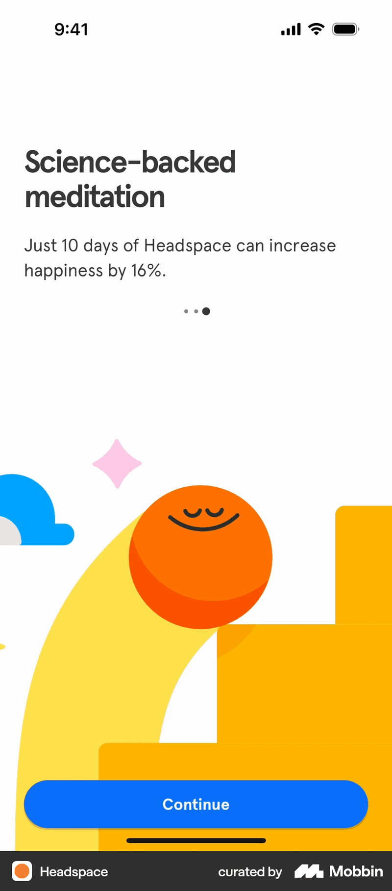 Headspace mobile onboarding carousel showing full-screen slides for user guidance