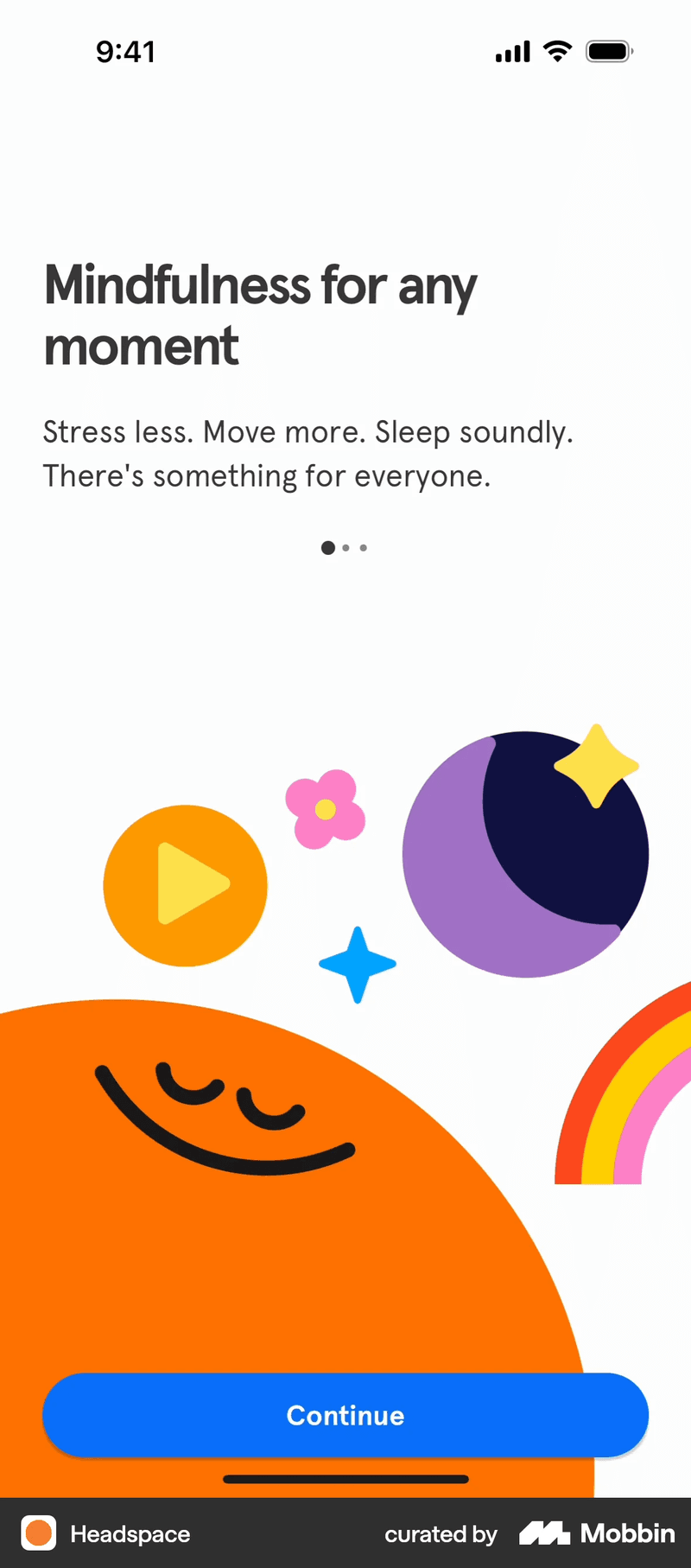 Headspace mobile onboarding carousel showing full-screen slides for user guidance