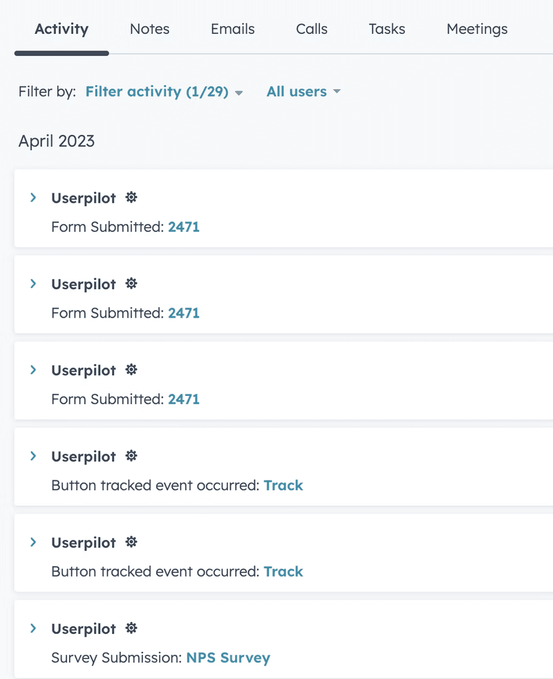 Userpilot events synced into HubSpot activity feed