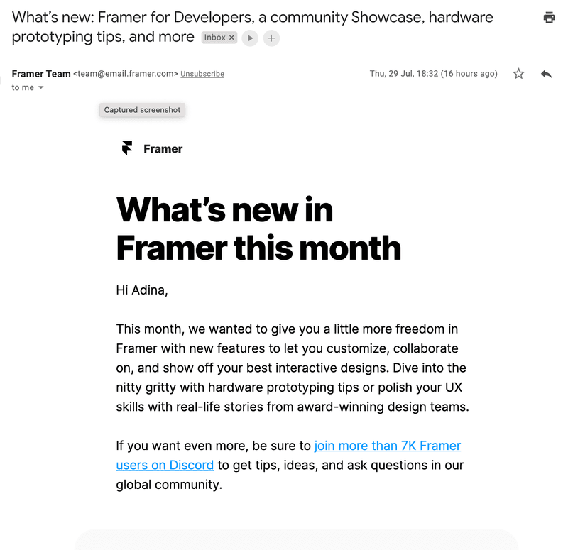 Framer What's new email newsletter