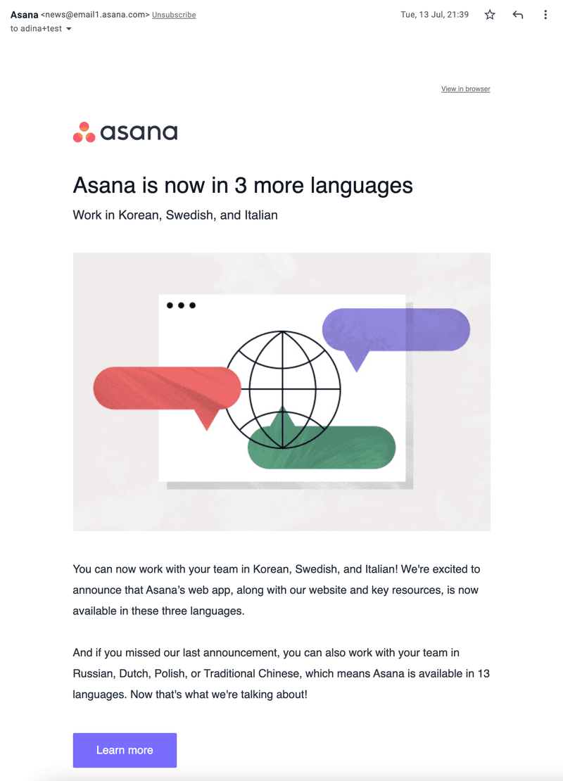 Asana new product enhancement email message