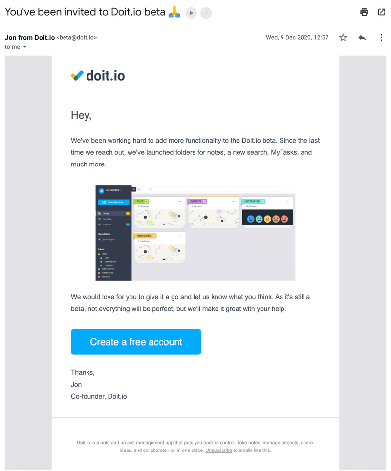Doit uses email to invite users to try their product improvements