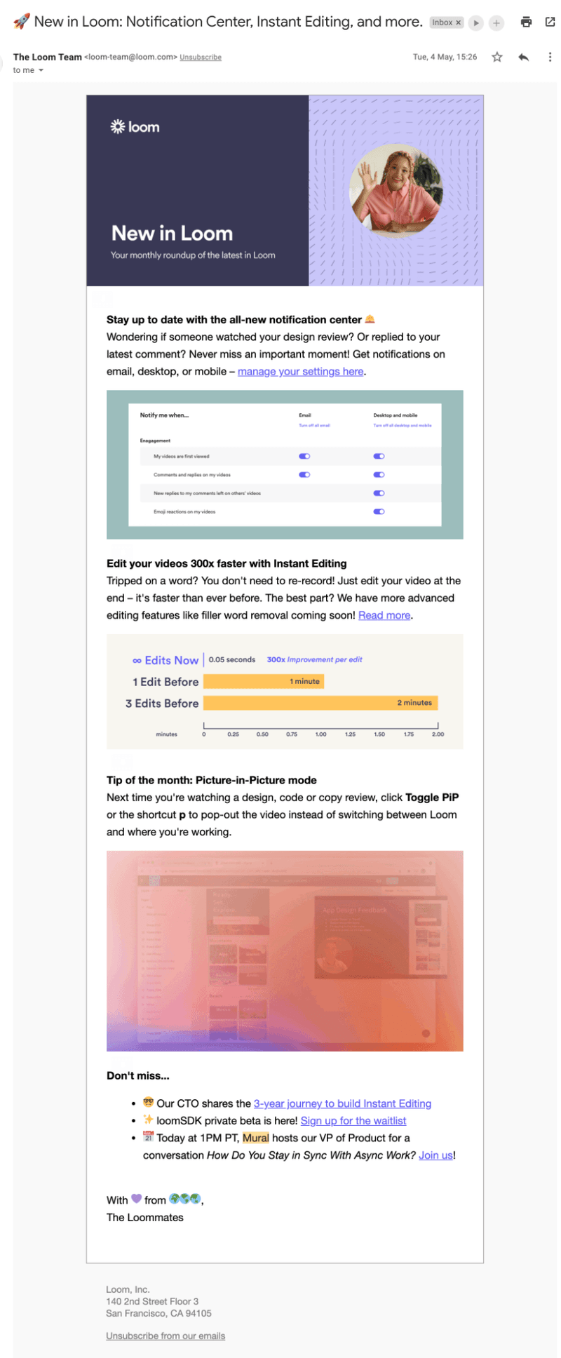 Loom product updates email message