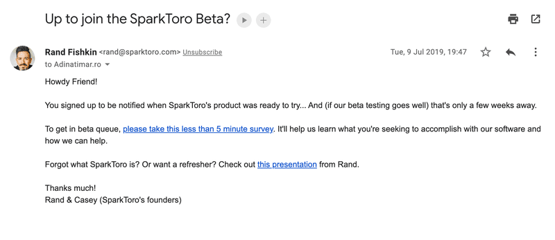 SparkToro Beta launch email invitation