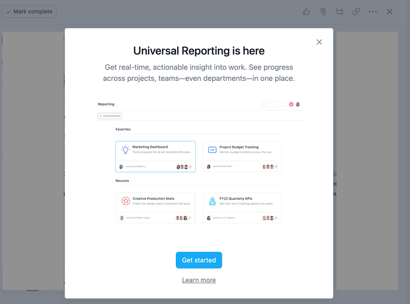 Asana in-app new feature modal announcement