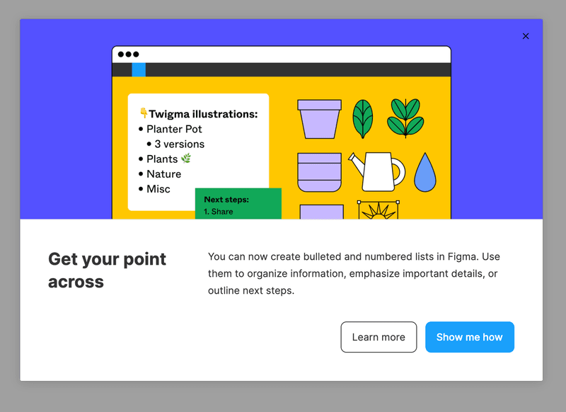 Figma product enhancements in-app modal notification