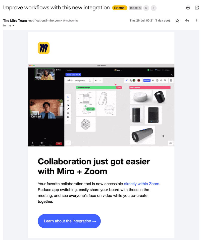 Miro and Zoom integration email announcement