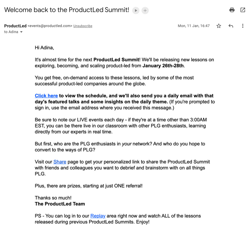 ProductLed Summit promotion email campaign