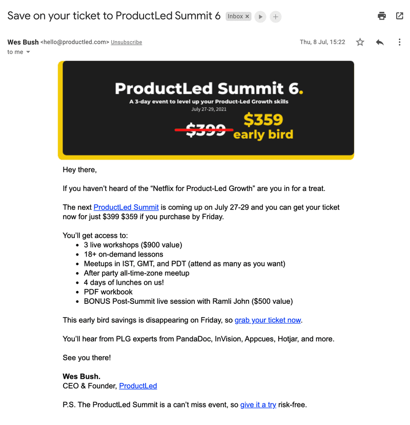 ProductLed Summit launch discount email campaign
