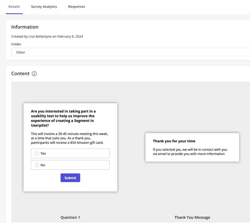 In-app survey in Userpilot asking users to join a segment creation test.