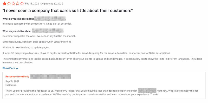 Response to negative user feedback on review site