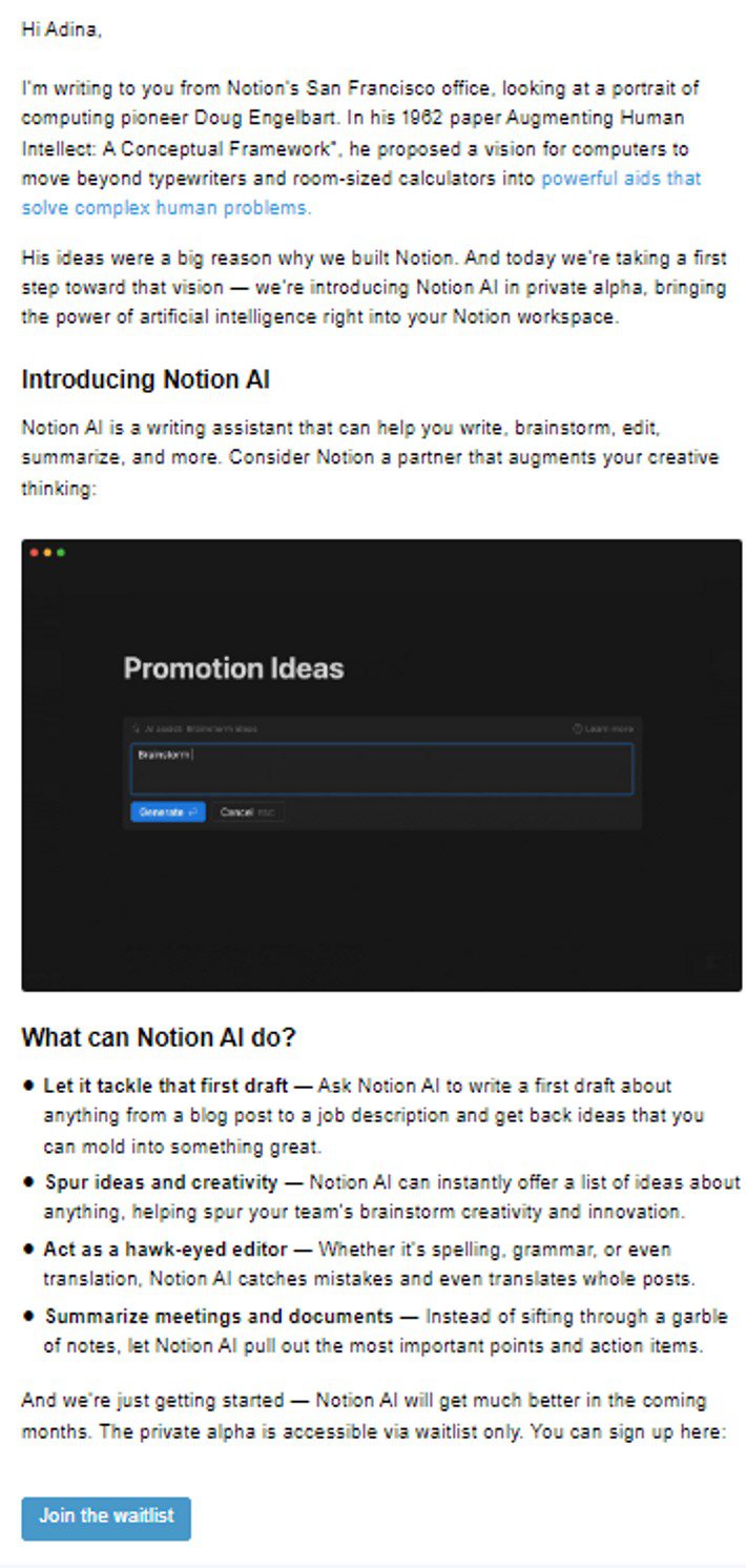 Notion's product launch mail for Notion AI