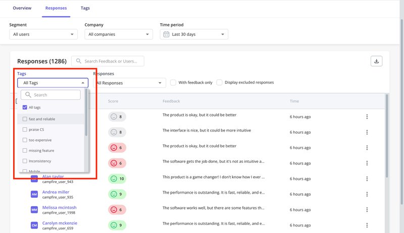 User feedback with tags