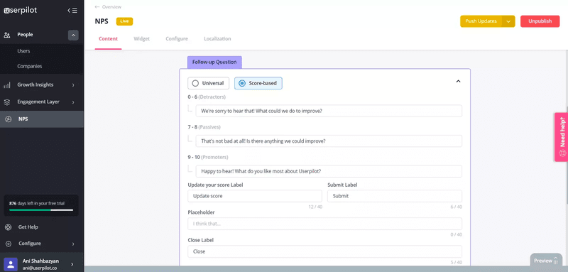 NPS Score-based follow-up questions in Userpilot.