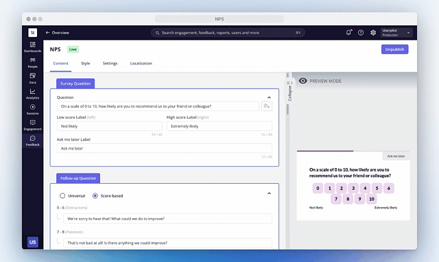 Use Userpilot’s NPS dashboard to monitor and report quantitative data.