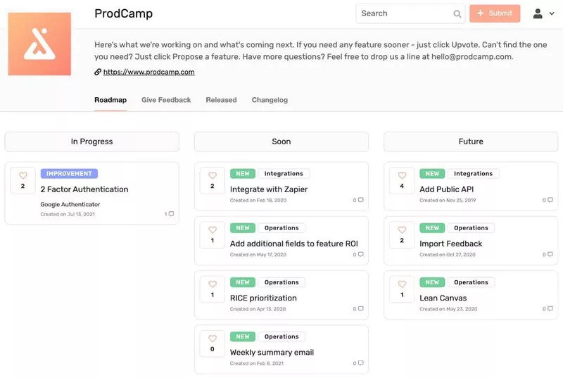 prodcamp public roadmap example feature request template