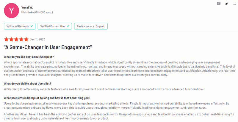 Positive Userpilot review on G2