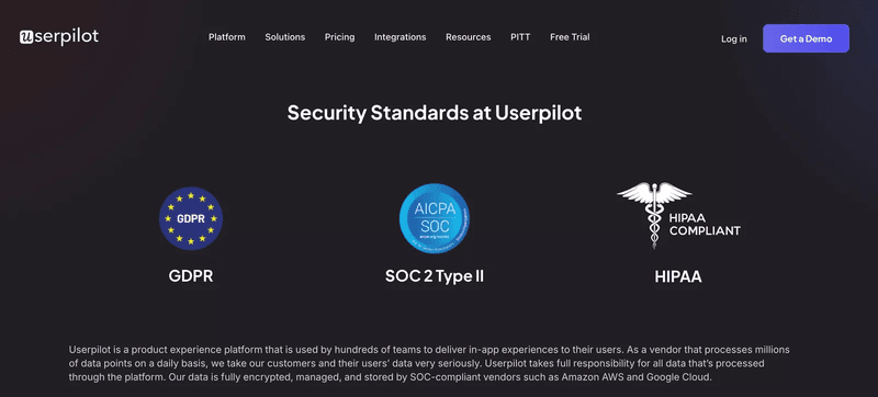 Userpilot security certifications: GDPR, SOC 2 Type II, HIPAA