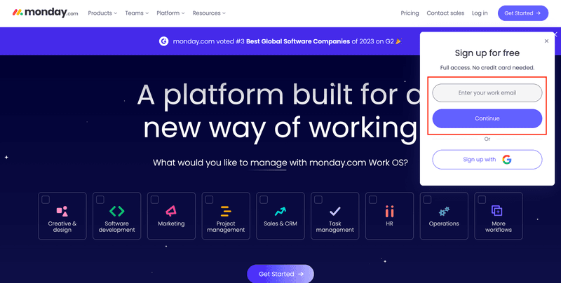 monday.com signup flow