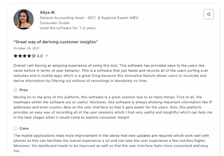 A user review's mobile analytics of Smartlook.