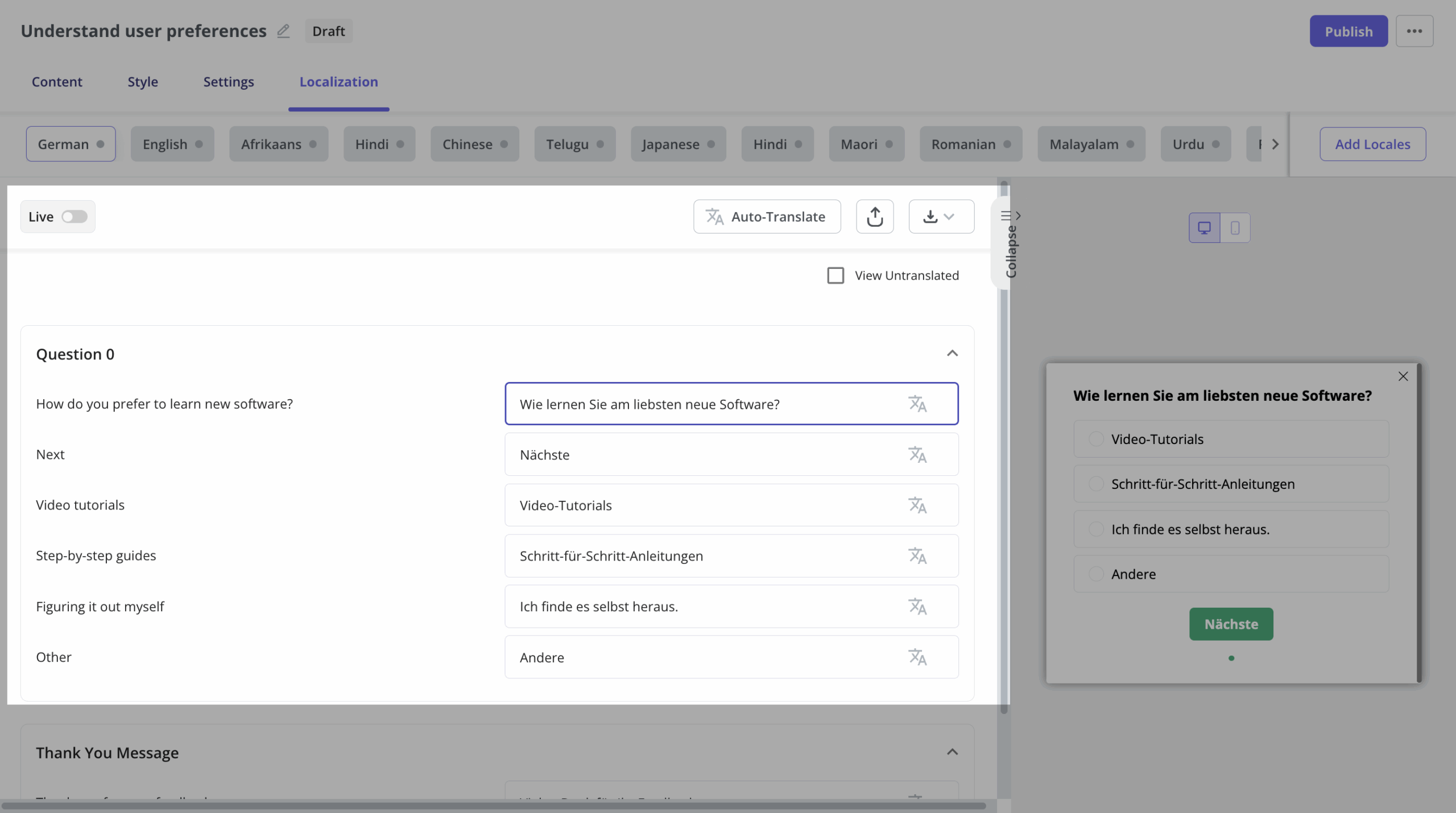 Userpilot’s AI localization feature lets you translate surveys