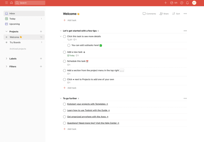 Todoist integrates a to-do list for user onboarding, which is a great way to showcase the product.