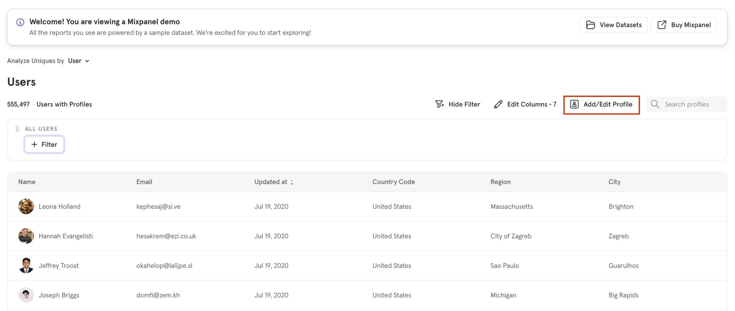 User profile in Mixpanel.
