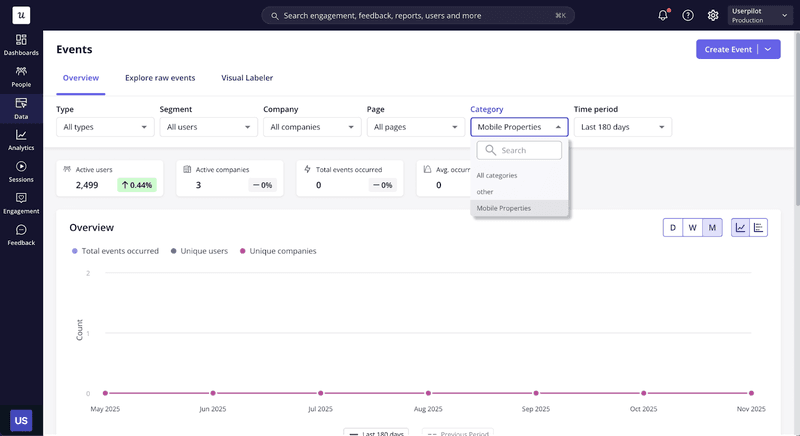Event tracking interface with filters and raw event exploration in Userpilot.