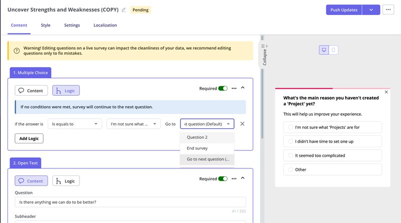 Route follow-up questions in Userpilot based on user-selected blockers.