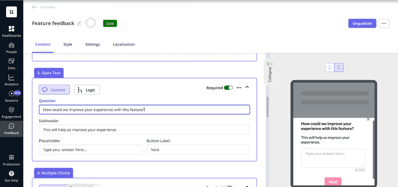 Userpilot feature feedback form builder with customizable fields