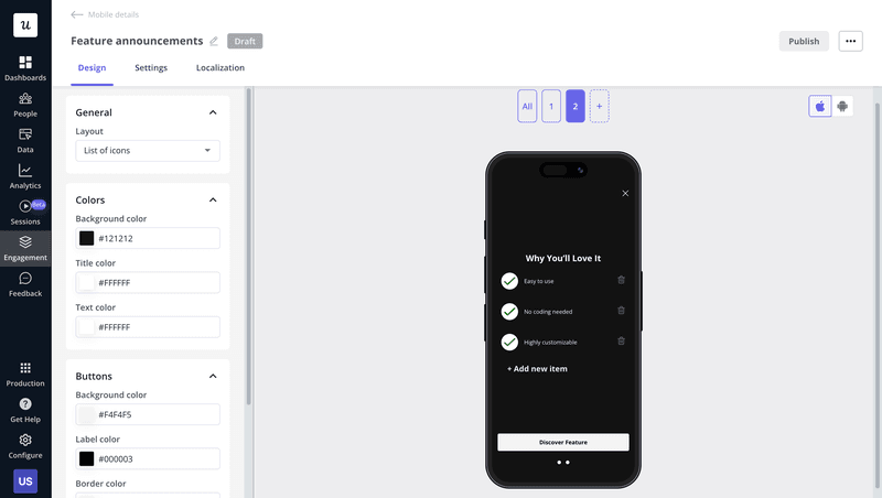 Userpilot mobile carousel showing a feature announcement screen