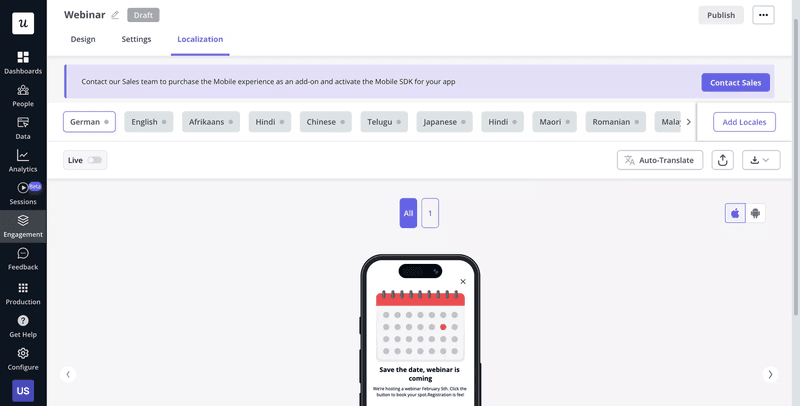 Userpilot interface showing sidebar menu and personalization features dashboard